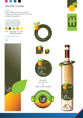 Identité visuelle : bouteille de mirabelle Weber.
packaging.