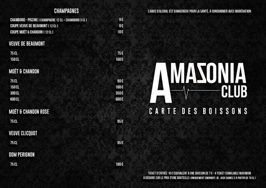 Carte des boissons pour une discothèque