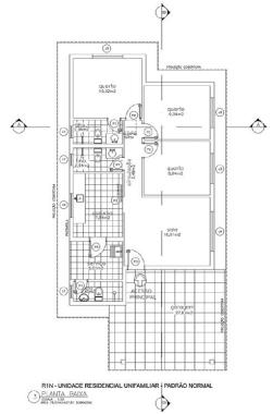 Modelo de Projeto Arquitetônico Residencial Unifamiliar Padrão Médio
Descrição do Partido Arquitetônico:
1 pavimento, 3 dormitórios,
sendo um suíte com banheiro, banheiro social, sala, circulação,
cozinha, área de serviço com banheiro e varanda (abrigo para automóvel).
Área Construída: 106,44m2