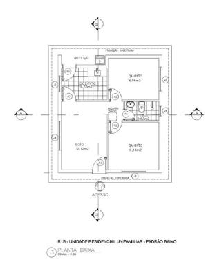 Modelo de Projeto Arquitetônico Residencial Unifamiliar Padrão Econômico
Descrição do Partido Arquitetônico:
1 pavimento, com 2 dormitórios, sala, banheiro, cozinha e área para tanque.
Área Construída: 58,64m2