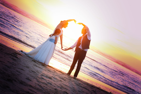 Photos de couple, plage, couché de soleil