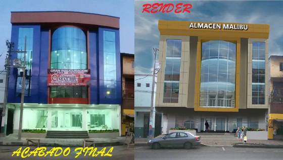Visualización de edificación de locales comerciales en Render y construcción real.