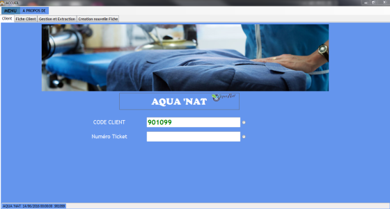 AQUA'NAT , application développer en Csharp pour la societe Aqua'NAT proposant des prestations de nettoyages de (vêtements,couettes, pantalons etc..)
.cette application permet d'etablir une fiche de chaque client et la restitution du chiffre d'affaire Mensuel et annuel pour les besoins du comptable.
sur leurs cartes de fidélité,Les clients possedent un code barre  grâce à cela l'application permet ainsi d'offrir des promotions aux clients fidèles.