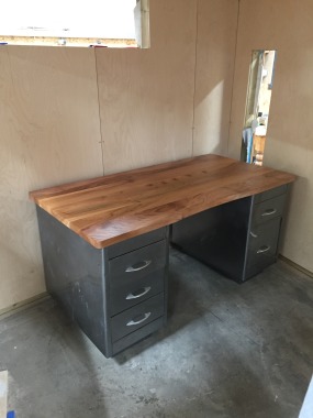 English Elm desk and metal drawers
