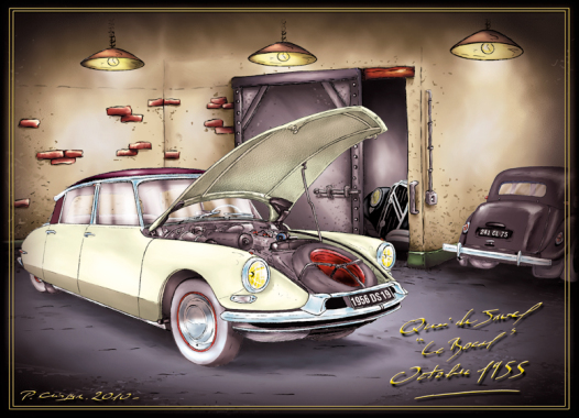 Dessin manuel et numerique : Thème : Voiture ancienne, Citroen DS 1955 Salon de l'Auto