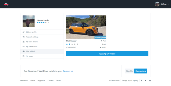 User dashboard - car sharing service