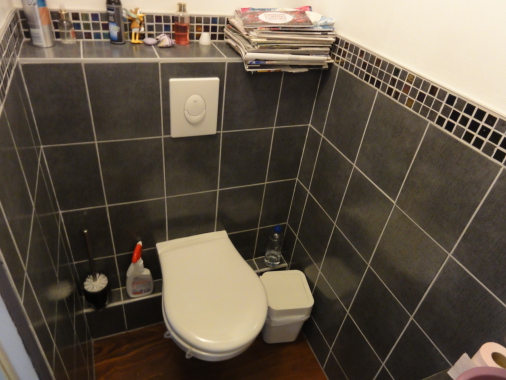 Aménagement d'un espace sanitaire : WC suspendu, carrelage, parquet teck, étagères sur mesure, lave-mains, peinture (Bry-sur-Marne, 2014)
