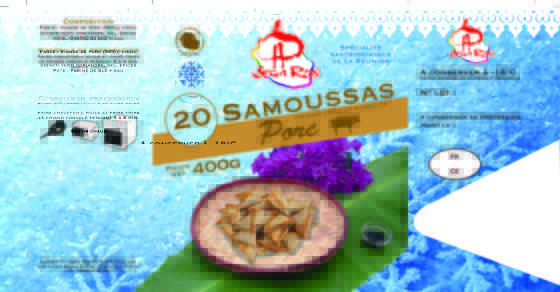 packaging pour samoussas surgelés

Création du logo d'après les indications du client, photoshoot du produit, montage photo et retouche des éléments, création des pictogrammes et de la charte graphique, mise en page globale.