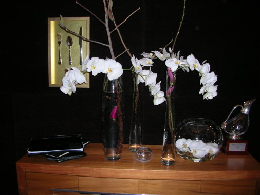 Beautiful orchids at the entrance of a restaurant