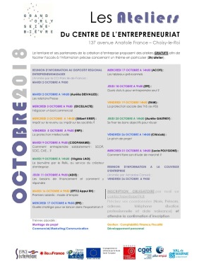 Programme d'octobre 2018 à Espace Pour Entreprendre. J'anime l'atelier Comment faire son étude de marché.