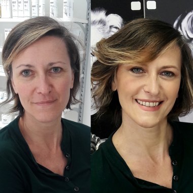 un prima e dopo di una cliente che ha deciso di cambiare look , trucco e capelli