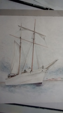 Bateau du retour,aquarelle et graphite