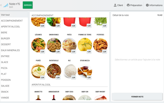 copie d'écran de l'interface de sélection des produits à encaisser