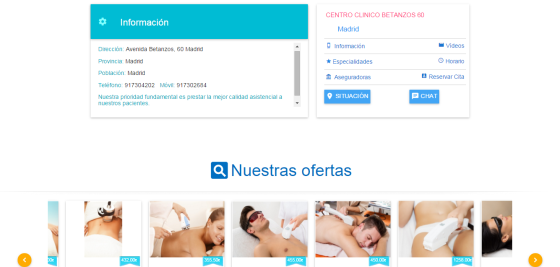 Perfil de una clínica donde se observa todo su detalle, se solicita información y se accede a todas sus ofertas.