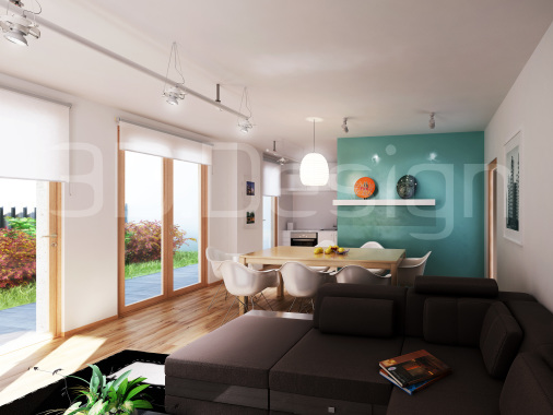 Simulazione grafica 3D "render" interno cucina soggiorno open space appartamenti tipo.
