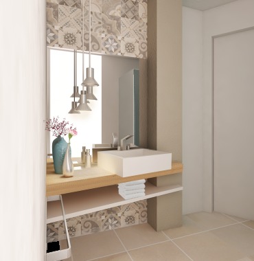 Simulazione 3D di un bagno in un hotel in zona marittima