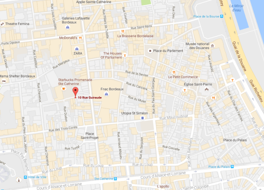 Map : la rue Guiraude , rue piétonne, coupe la rue Ste Catherine en face de l ' enseigne Séphora .Elle rejoint la Promenade Ste Catherine .