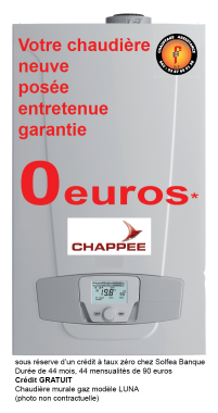 Votre chaudière gaz murale installée pour 0 euros.
L'entretien, la garantie et les dépannages sont inclus pendant la durée du remboursement.
Offre valable sous réserve d'acceptation de votre dossier par notre partenaire Banque Solfea et le remboursement de 44 mensualités de 90 euros.
