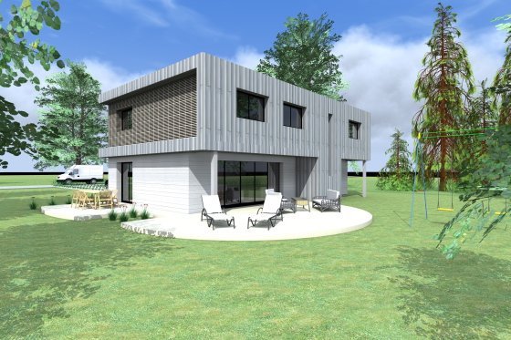 maison ossature bois, bardage zinc, bois blanc et bois à clair voie naturel.