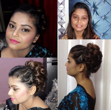 school function makeup for client with curl bun hairstyle