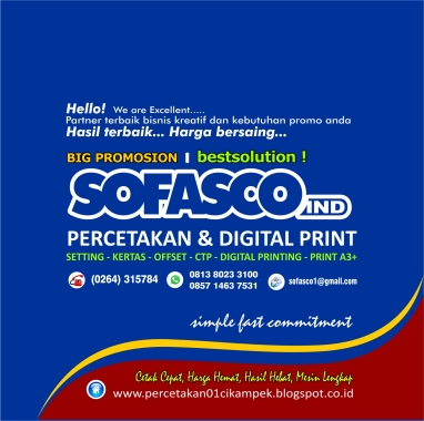 Percetakan & Printing Digital Sofasco
Setting, Toko Kertas, Oc bw dan Sparasi, Plat CTP, Pond, Foil, Koorforasi, Nomerator, Laminasi