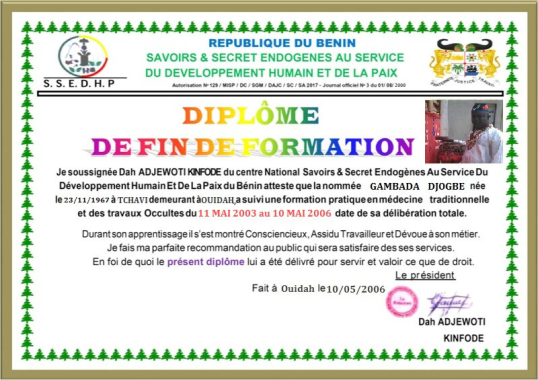 Grand Maître Spirituel Hounnongan Gambada Djogbe +*information cachée*