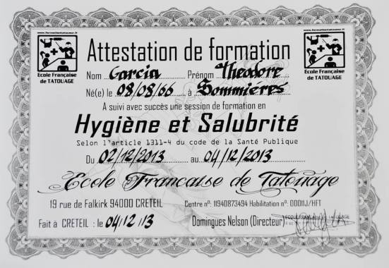 Diplômé de l'école française de tatouage. Hygiène et salubrité.