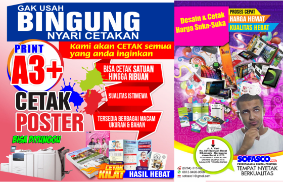 print Indoor A3+
Print Satuan atau Ribuan Untuk Majalah, Buku, Propile Company, Pamplet, Brosur, Sertifikat, Undangan, Kartu nama, Stiker Label Makanan atau Produck, dll. Proses Cepat Hasil Hebat 2400 x 2400 dpi Langsung Finishing.