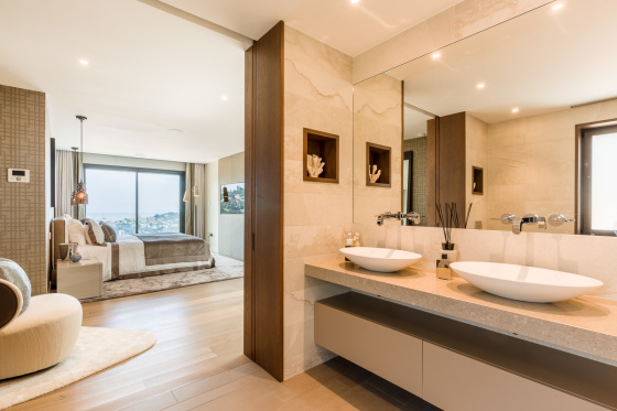Interior design of master bedroom and en suite bathroom.