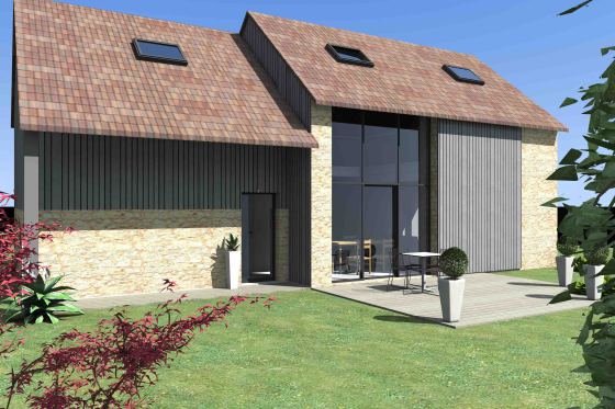 Rénovation d'une grange en maison d'habitation, pose d'un châssis entièrement vitré sur l'ancien accès agricole et réutilisation de la porte coulissante relooker en guise de volet