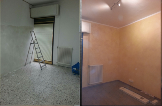 Rifacimento negozio impianto elettrico verniciatura con velatura a rilievo e posa Parquet flottante