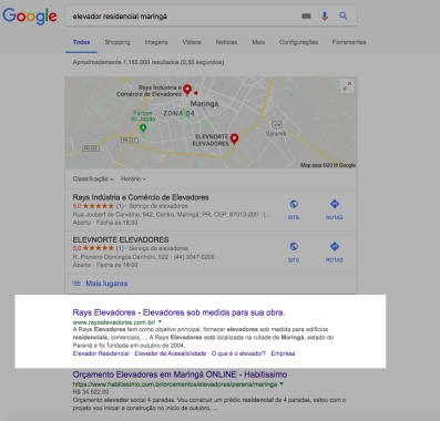 Cliente Naner na primeira Posição do Google - Rays Elevadores