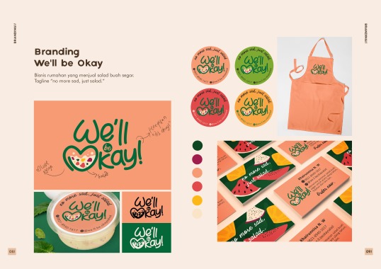 Membuat desain logo, label, kartu nama dan apron untuk produk salad buah.