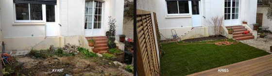Mise en place d'un gazon de placage, pose de panneau en bois pour plantes grimpantes, plantations