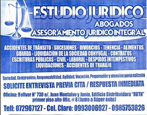 Visitanos en Bolivar entre junin y Juan Montalvo Edificio Ruth Primer piso alto oficina 8 junto a super exito