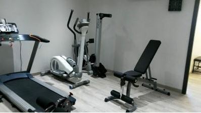 Salle de sport avec elliptique, vélo, tapis de cours, rameur, complet de musculation, banc, haltères et petits matériels