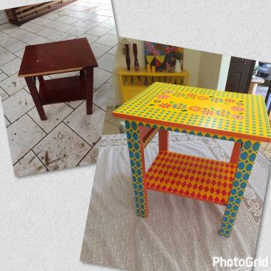 Mesa lateral, garimpada, ganhou cor.