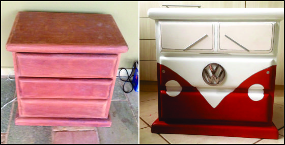 O criado mudo, virou uma Kombi divertida para o quarto do Henrique de 5 anos.