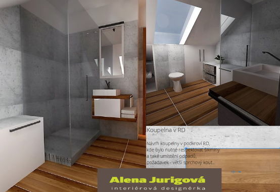 Koupelna v podkroví RD, styl navazující na obytné prostory v domě. Umístěn velký sprchový kout, šikmina maximálně využita, vyplněna vestavným nábytkem.