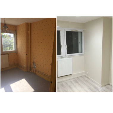 Rénovation chambre.
- Doublage - isolation façade - faux plafond
- Remplacement chauffage
- Parquet flottant
- Peinture
- Electricité complète et éclairage encastré