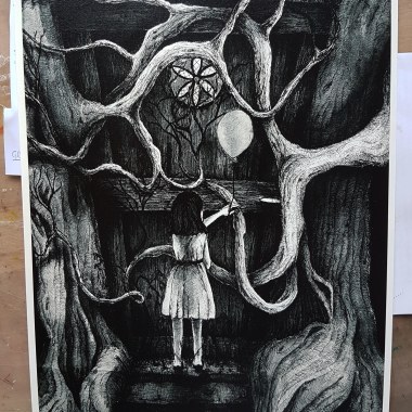 stampa/copia di un'illustrazione di un racconto. Originale eseguito con inchiostro, ecoline e fineliner