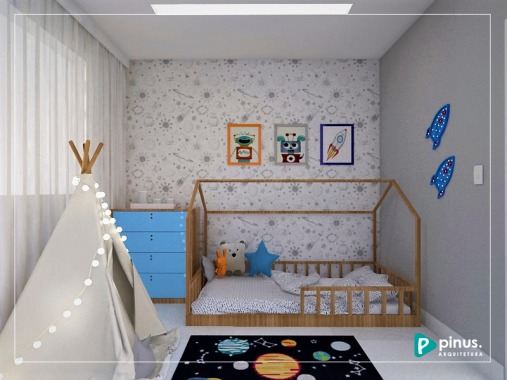Projeto de interiores para o quartinho do Davi no Rio Grande do Sul. Planejar a decoração do quarto do bebê é essencial para garantir o bom desenvolvimento da criança. O estilo montessoriano aliado às cores vibrantes ajudam a estimular os sentidos.