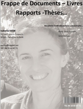 Si vous avez des documents à taper ou à mettre en page, je peux vous aider à les réaliser.
Je propose différentes prestations, je peux intervenir en tant que secrétaire universitaire, médicale, scolaire ou encore pour les entreprises. J’ai le diplôme approprié et je fais des saisies et des mises en page de tout type de document, de mémoire, rapports de stage, thèse ou frappe pour un futur livre.

Je vous suggère ainsi, un travail rapide et soigné, à prix très raisonnable : 2€/page terminée.