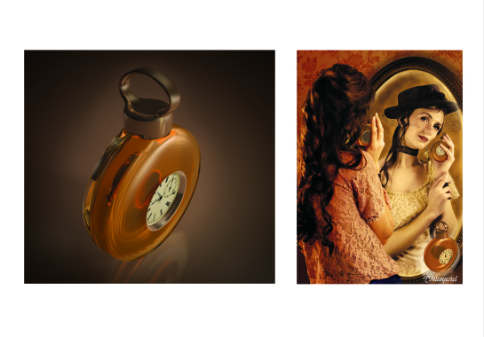Création d'un flacon de parfum et de l'affiche format magazine.