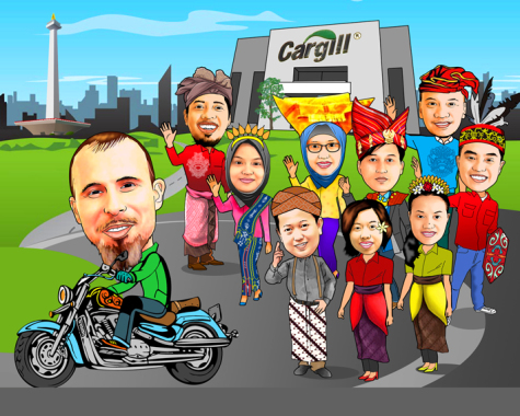 karikatur perpisahan teman sekantor dengan tema pengemudi ojek online dan pakaian adat daerah