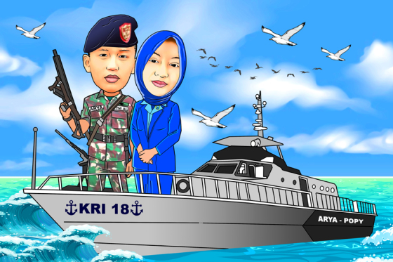 karikatur dfengan tema pasangan anggota TNI AL beserta istri