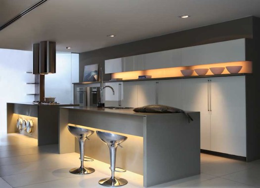 Cozinha com 2 bancadas e um armário com 4 portas ao fundo.