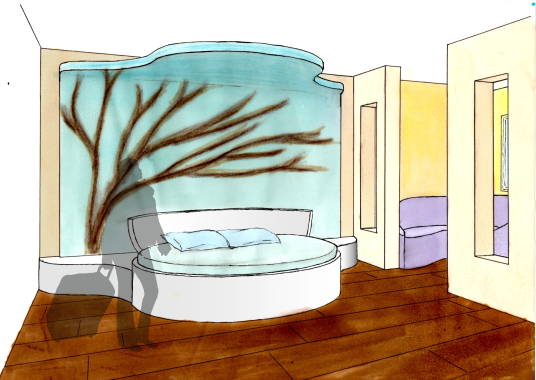 Chambre, perspective rough (feutre noir et marqueurs + pastel sec)