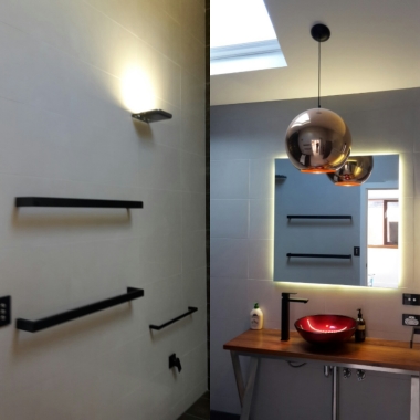 Bathroom Reno. - LED Backlit mirror, Heated Towel Rails, Black Glass Power points/LED Switches, Under Floor Heating and Remote control Velux Window in Willunga SA.
