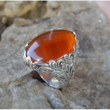 Cincin perak ukir batu carnelian